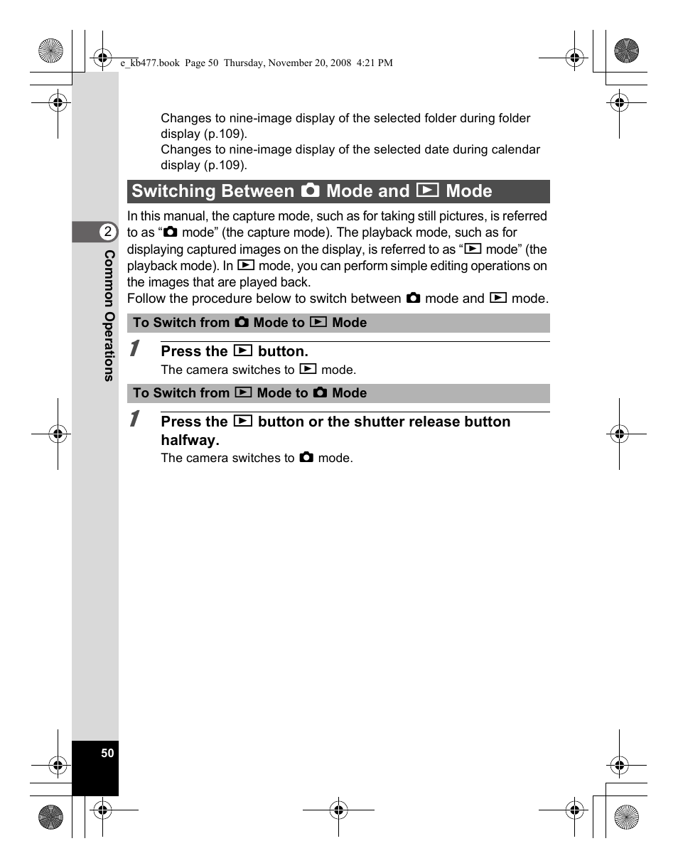 Switching between a mode and q mode | Pentax Optio E70 User Manual | Page 52 / 225