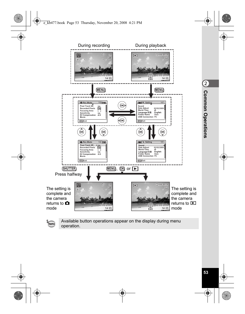 2com m on o p erati ons | Pentax Optio E70 User Manual | Page 55 / 225