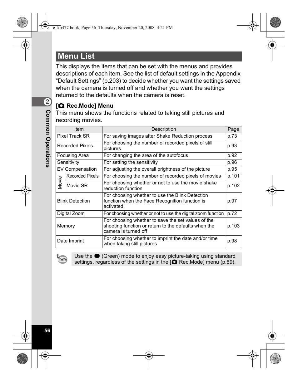 Menu list | Pentax Optio E70 User Manual | Page 58 / 225