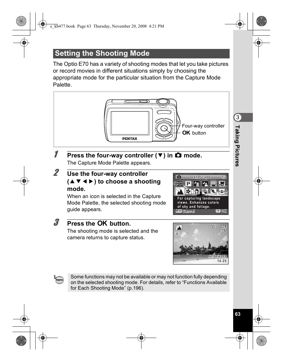 Setting the shooting mode, Press the four-way controller ( 3 ) in a mode, Press the 4 button | Pentax Optio E70 User Manual | Page 65 / 225