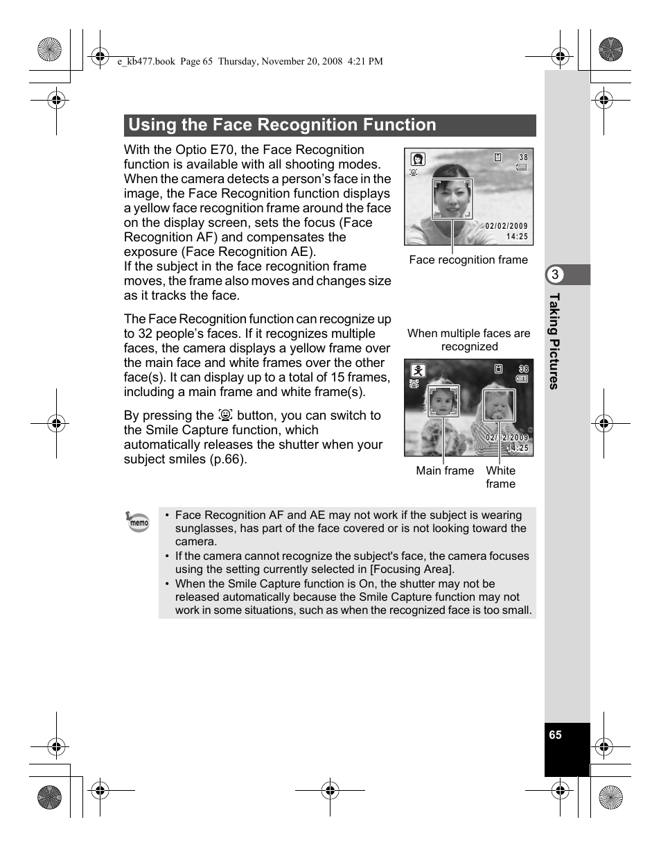 Using the face recognition function | Pentax Optio E70 User Manual | Page 67 / 225