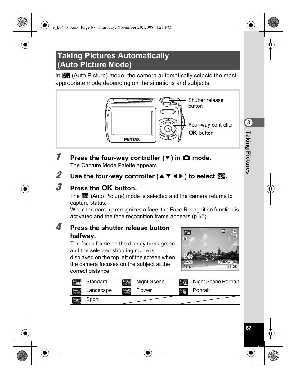 Taking pictures automatically (auto picture mode) | Pentax Optio E70 User Manual | Page 69 / 225