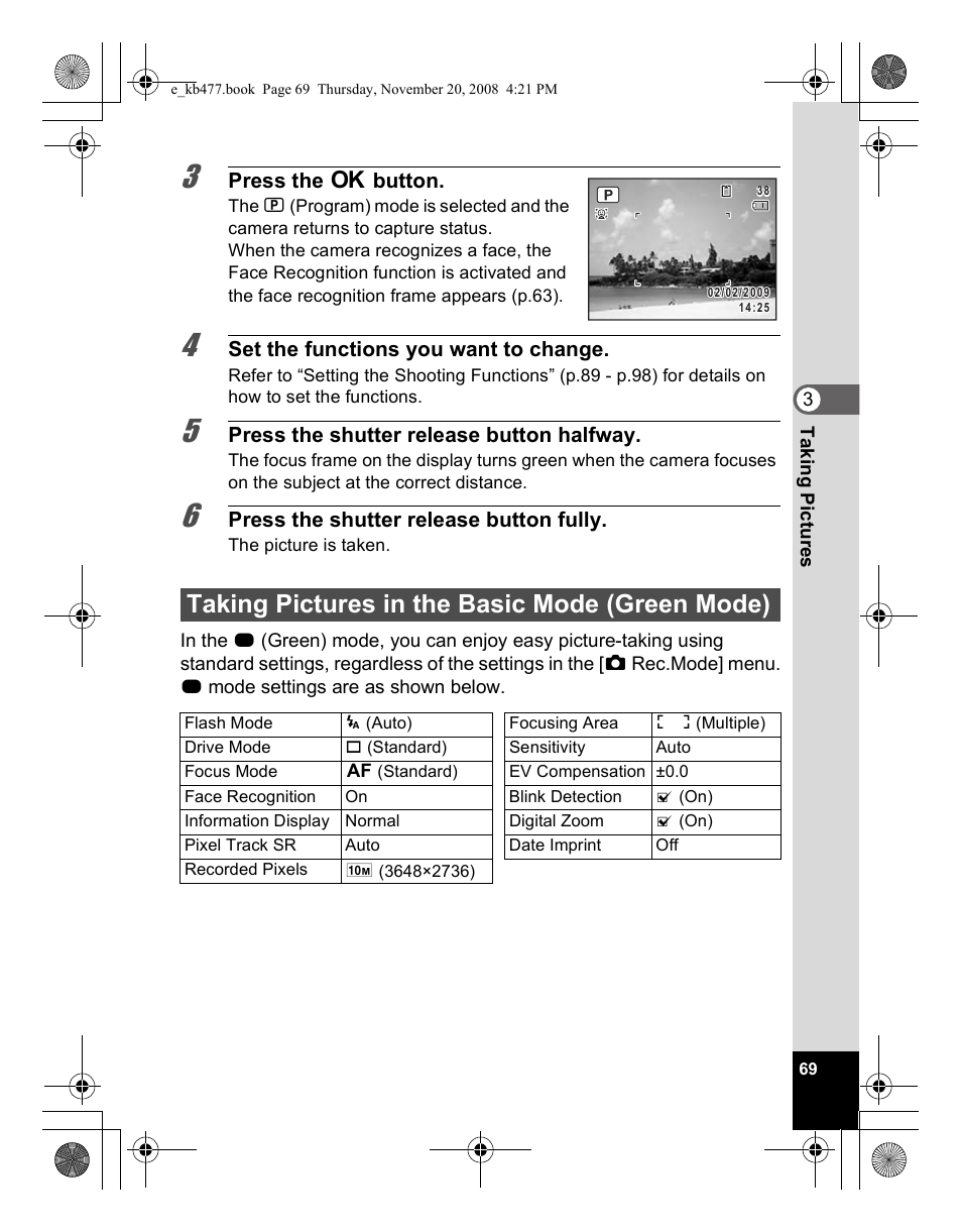 Taking pictures in the basic mode (green mode) | Pentax Optio E70 User Manual | Page 71 / 225