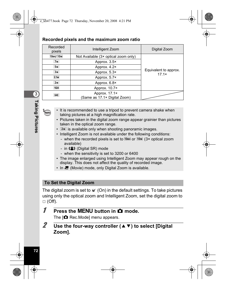 Press the 3 button in a mode | Pentax Optio E70 User Manual | Page 74 / 225