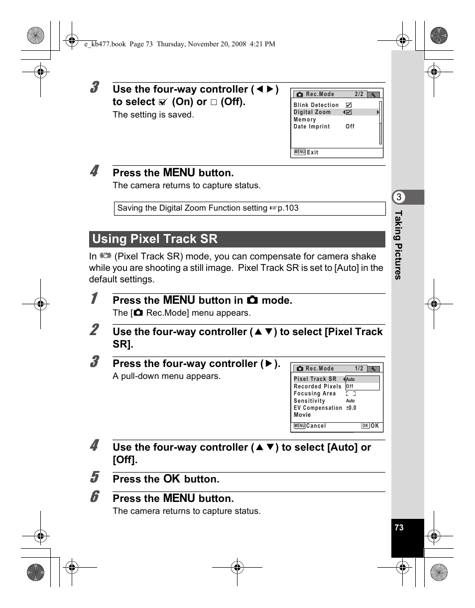 Using pixel track sr | Pentax Optio E70 User Manual | Page 75 / 225