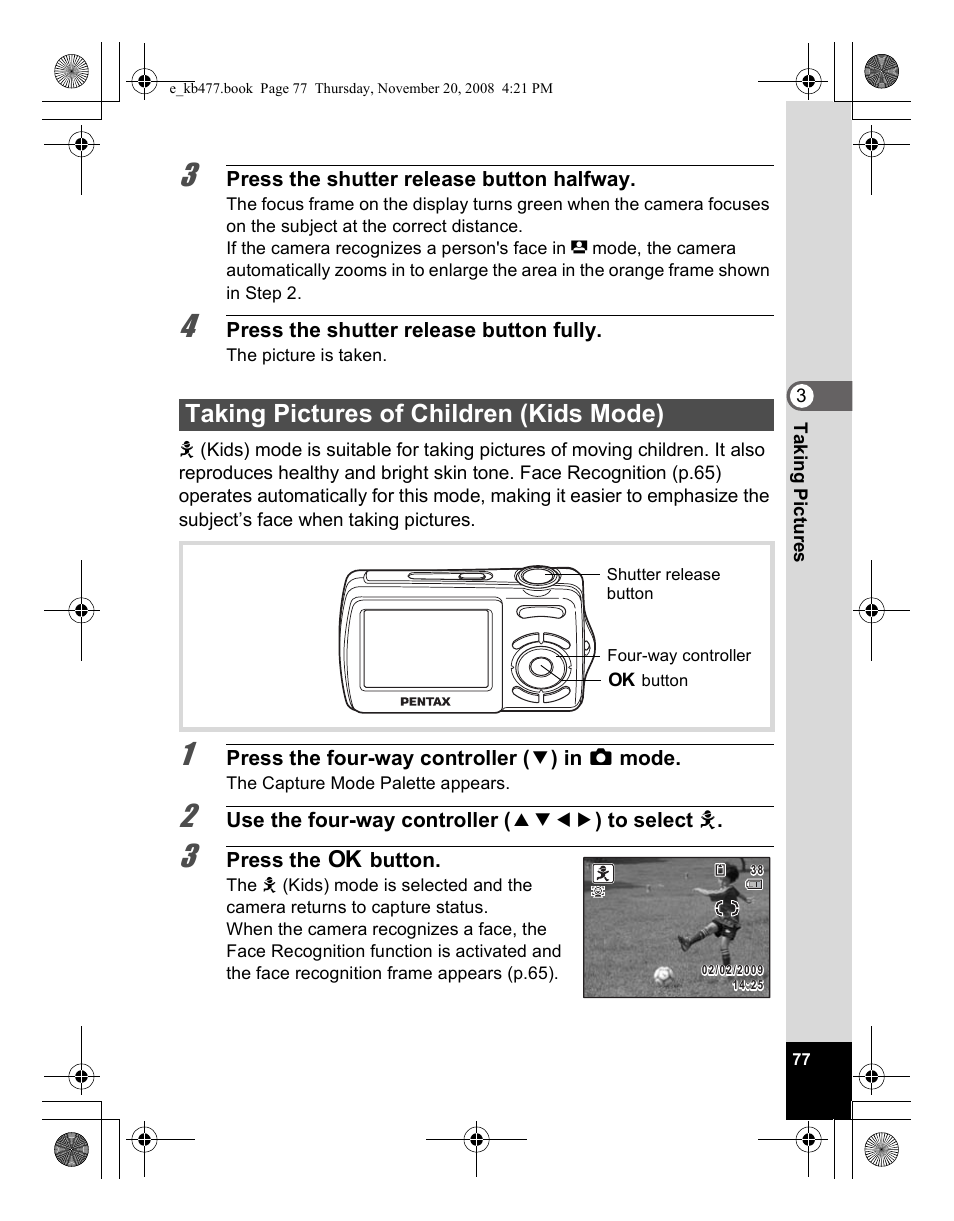 Taking pictures of children (kids mode) | Pentax Optio E70 User Manual | Page 79 / 225