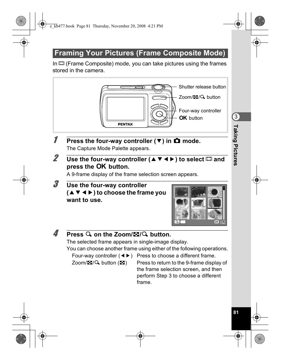 Framing your pictures (frame composite mode) | Pentax Optio E70 User Manual | Page 83 / 225