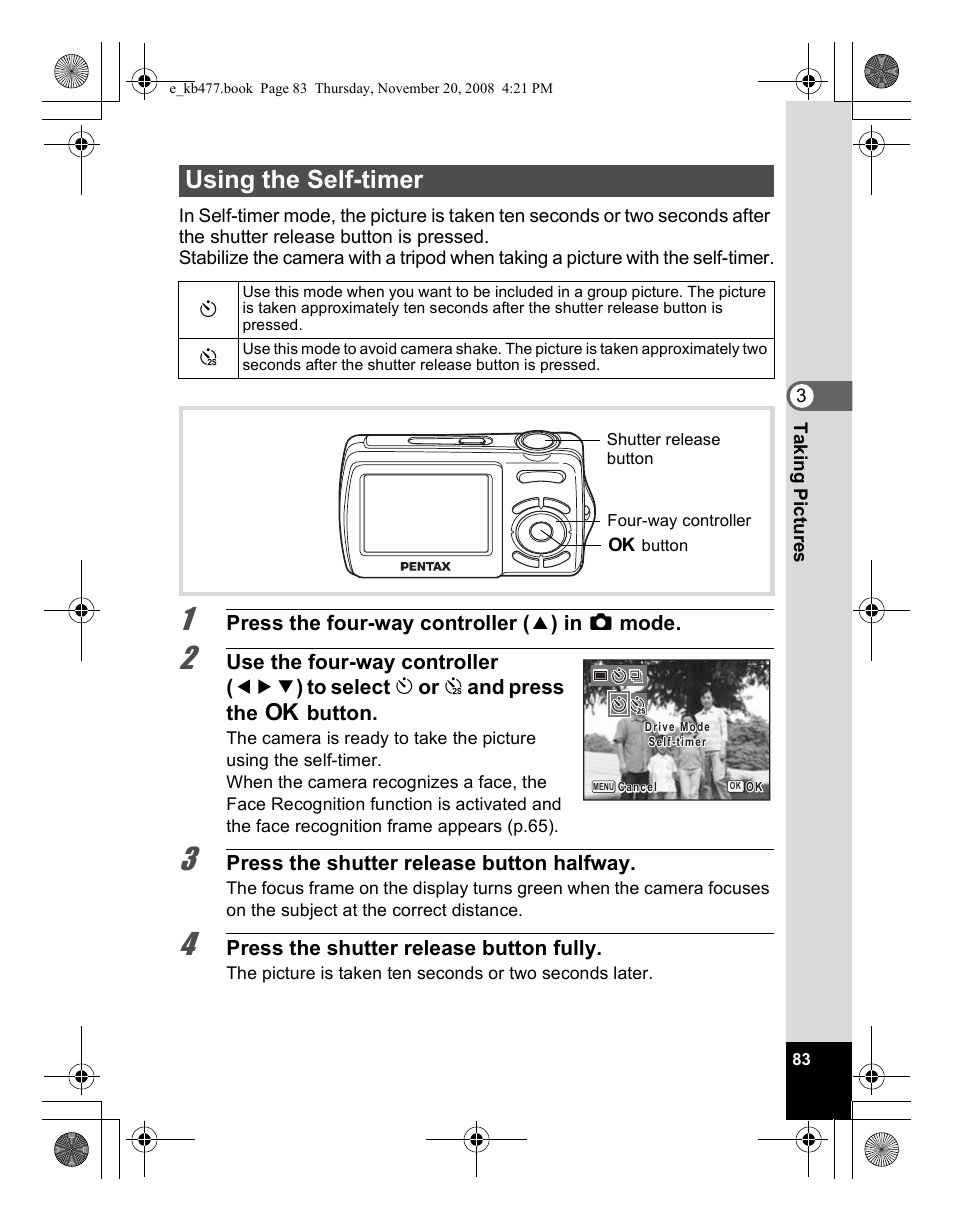 Using the self-timer | Pentax Optio E70 User Manual | Page 85 / 225