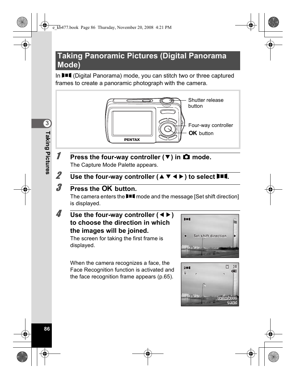 Taking panoramic pictures (digital panorama mode) | Pentax Optio E70 User Manual | Page 88 / 225