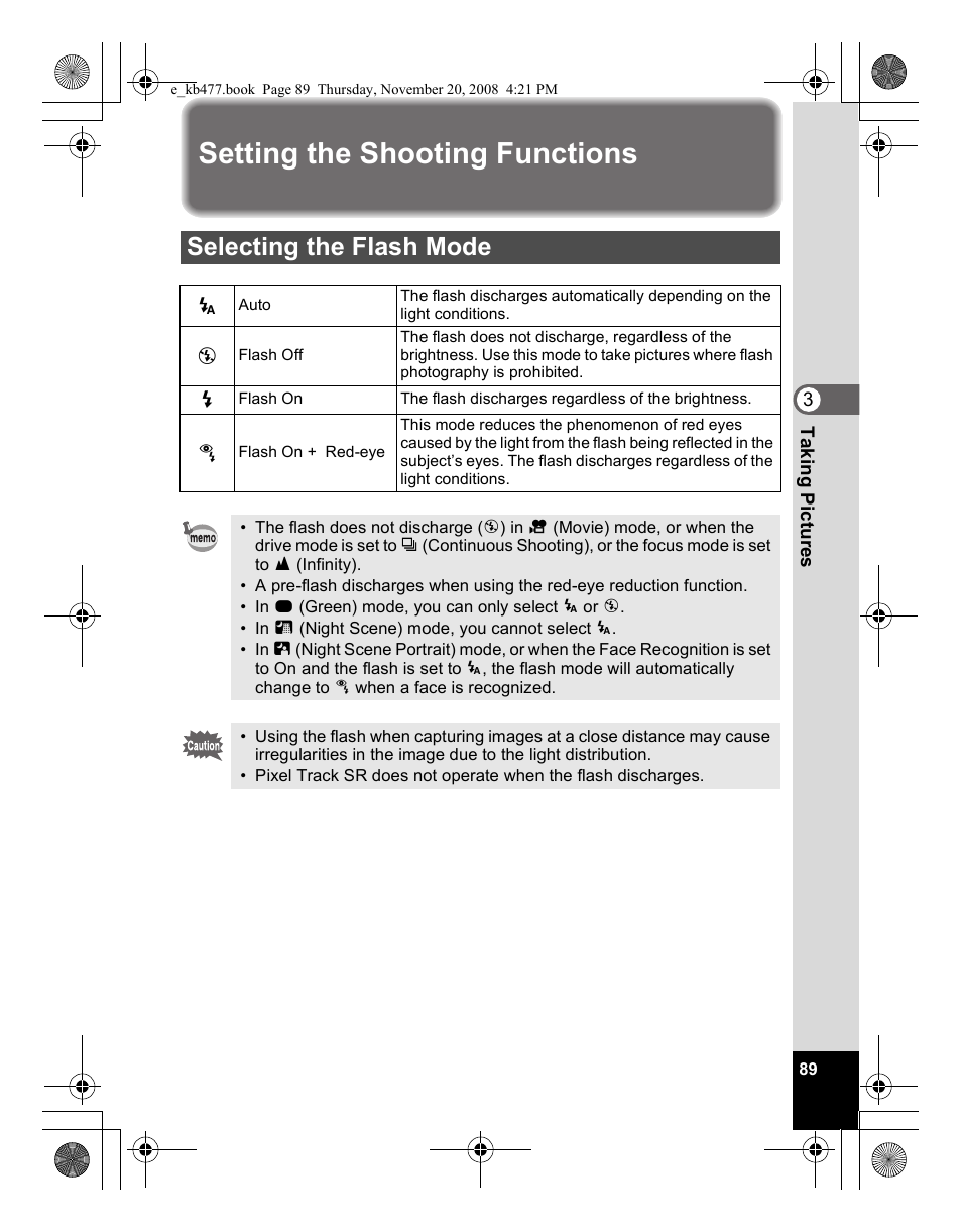 Setting the shooting functions, Selecting the flash mode | Pentax Optio E70 User Manual | Page 91 / 225