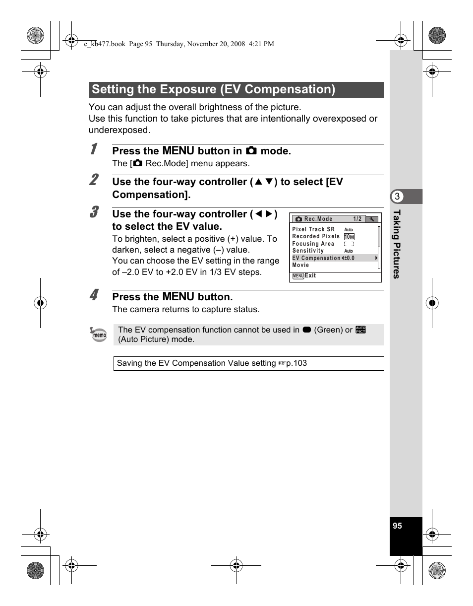 Setting the exposure (ev compensation) | Pentax Optio E70 User Manual | Page 97 / 225