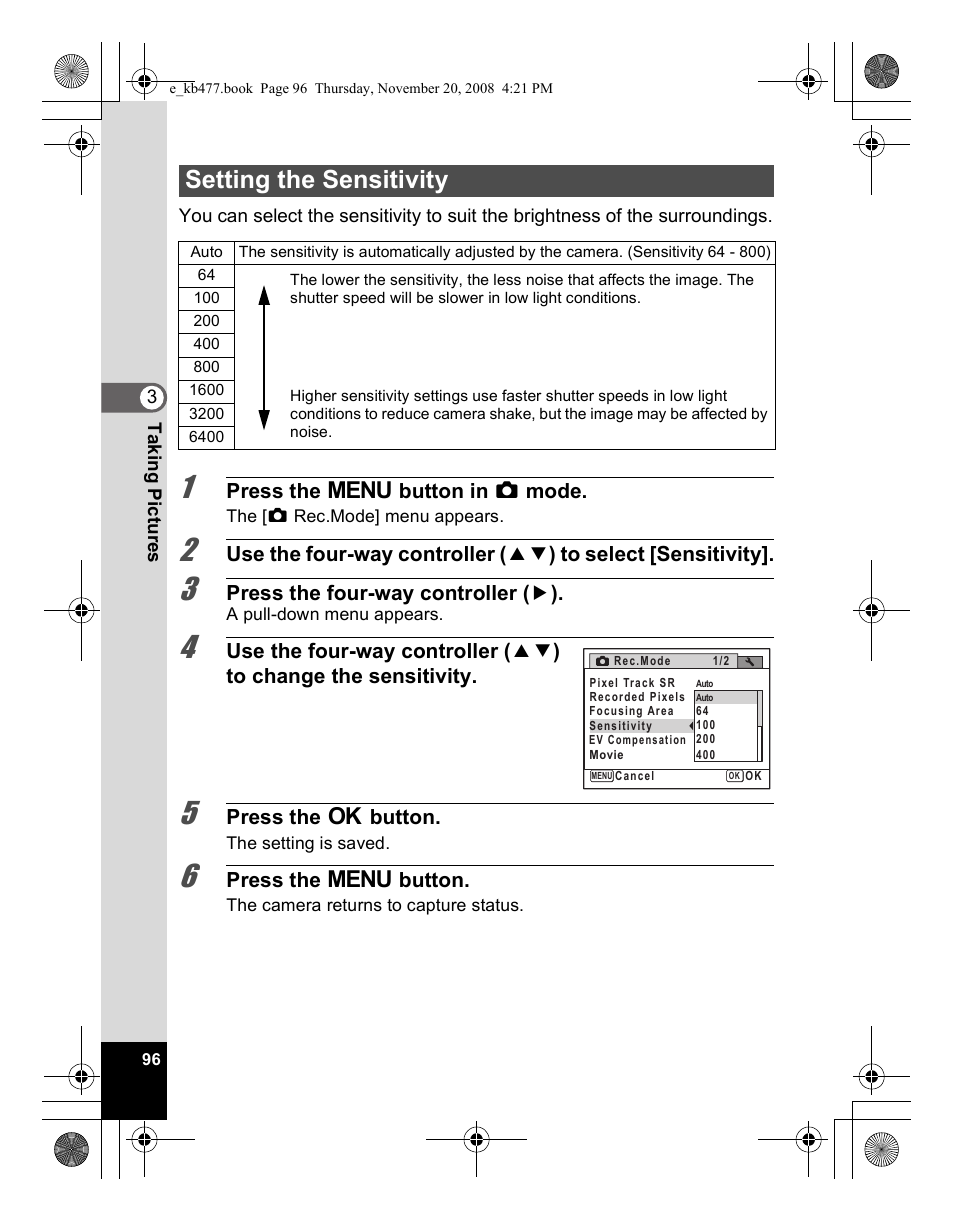 Setting the sensitivity | Pentax Optio E70 User Manual | Page 98 / 225