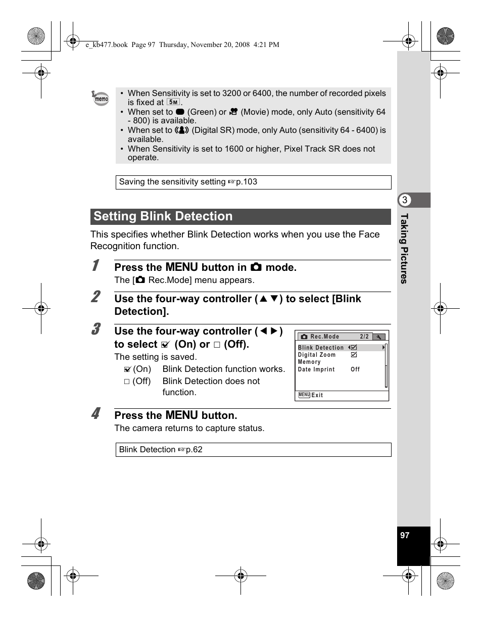 Setting blink detection | Pentax Optio E70 User Manual | Page 99 / 225