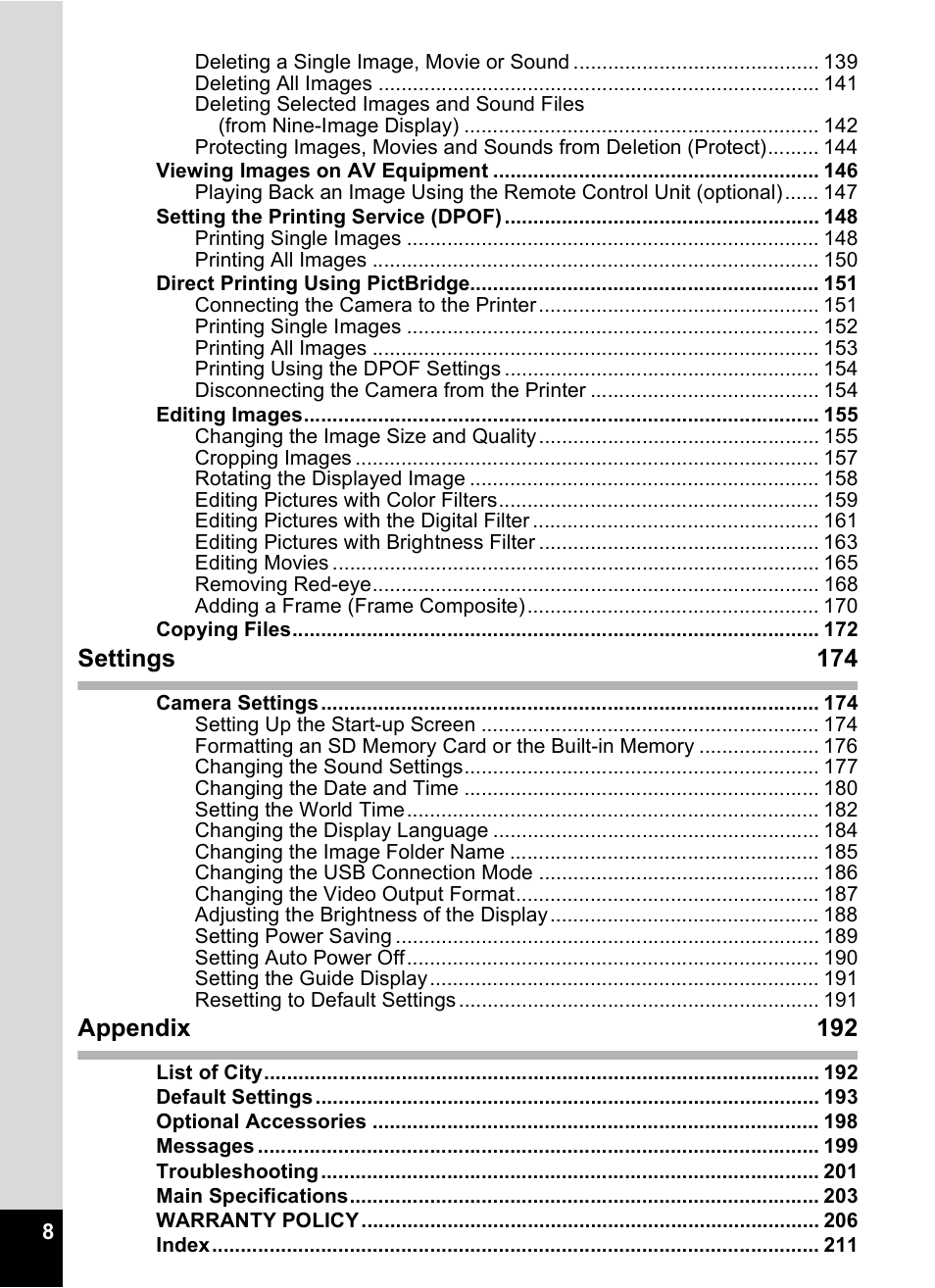 Settings 174, Appendix 192 | Pentax Optio S12 User Manual | Page 10 / 216