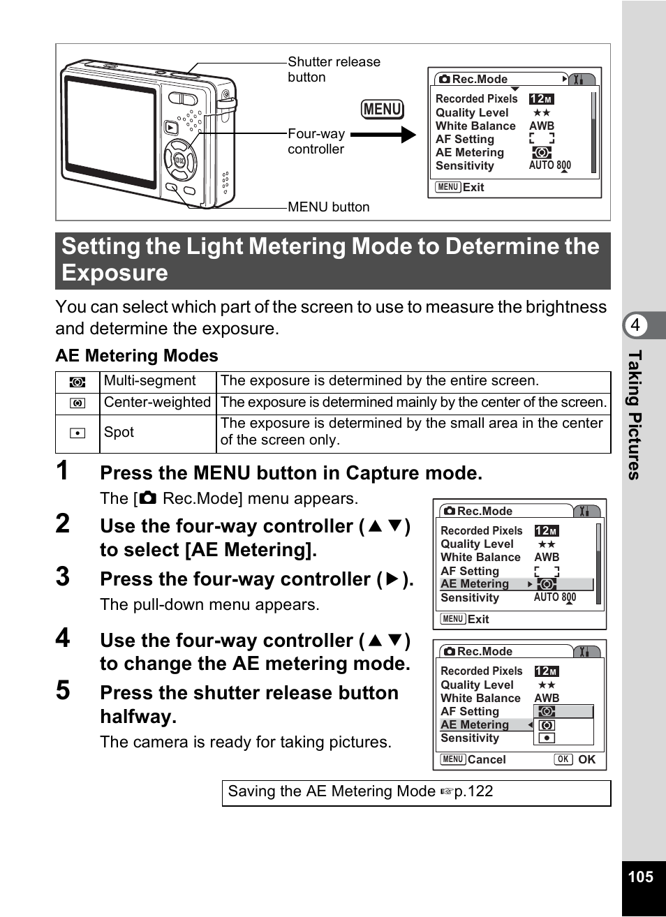 P.105, Press the menu button in capture mode, Press the four-way controller ( 5 ) | Press the shutter release button halfway | Pentax Optio S12 User Manual | Page 107 / 216
