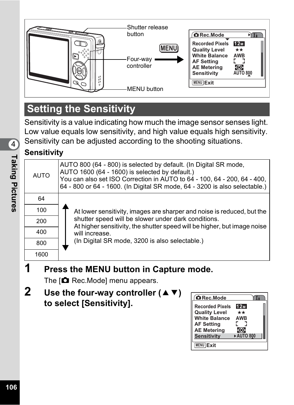 Setting the sensitivity, P.106, Press the menu button in capture mode | Pentax Optio S12 User Manual | Page 108 / 216