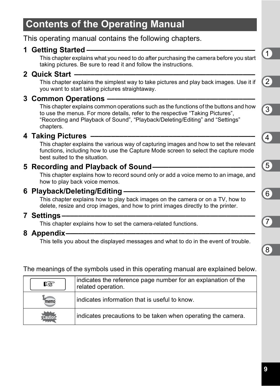 Contents of the operating manual | Pentax Optio S12 User Manual | Page 11 / 216