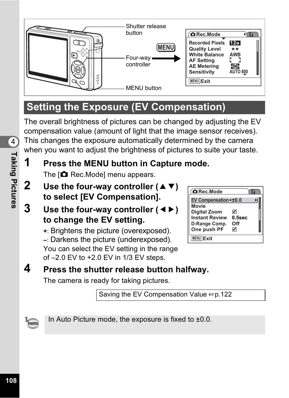 Setting the exposure (ev compensation), P.108, Press the menu button in capture mode | Press the shutter release button halfway | Pentax Optio S12 User Manual | Page 110 / 216