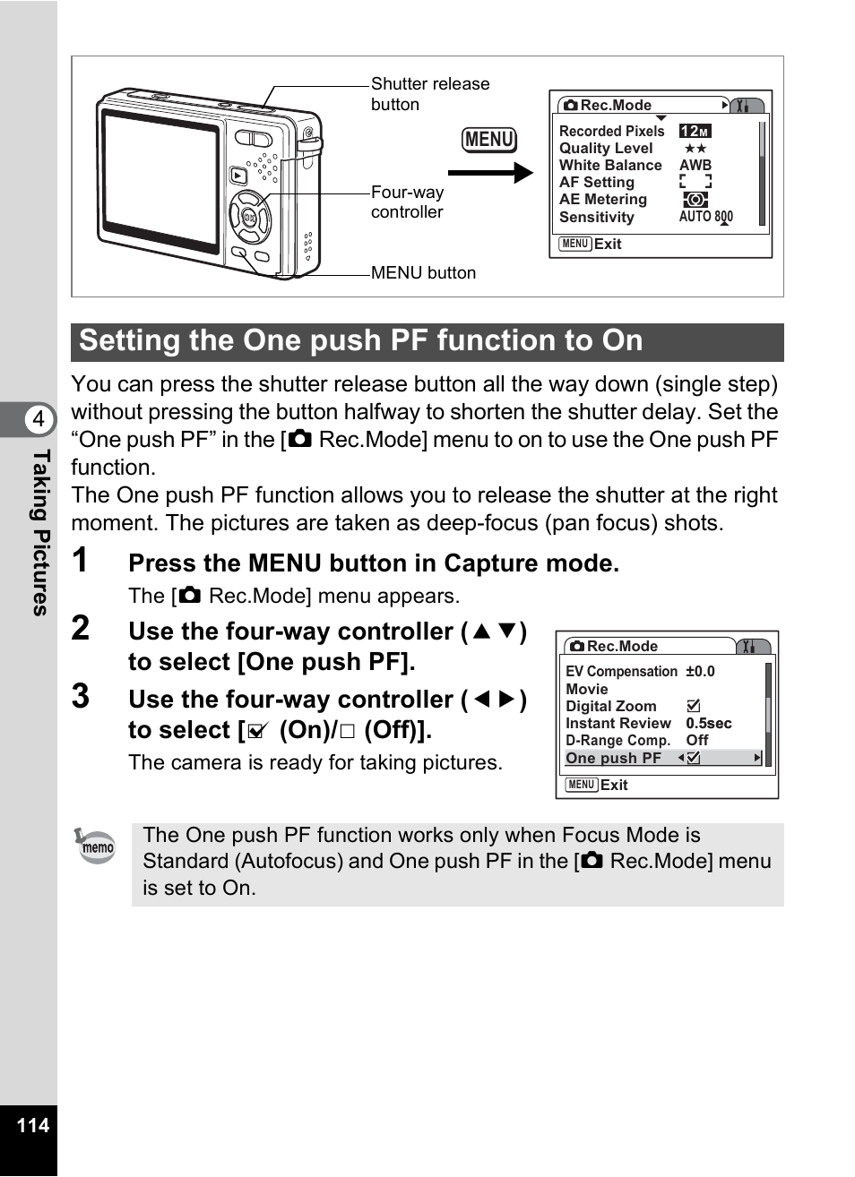 Setting the one push pf function to on, P.114, Press the menu button in capture mode | Pentax Optio S12 User Manual | Page 116 / 216
