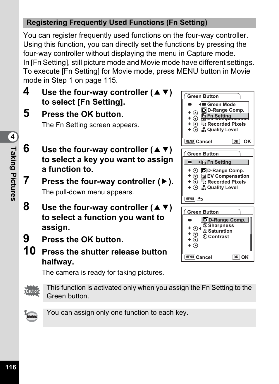 Press the ok button, Press the four-way controller ( 5 ), Press the shutter release button halfway | Pentax Optio S12 User Manual | Page 118 / 216