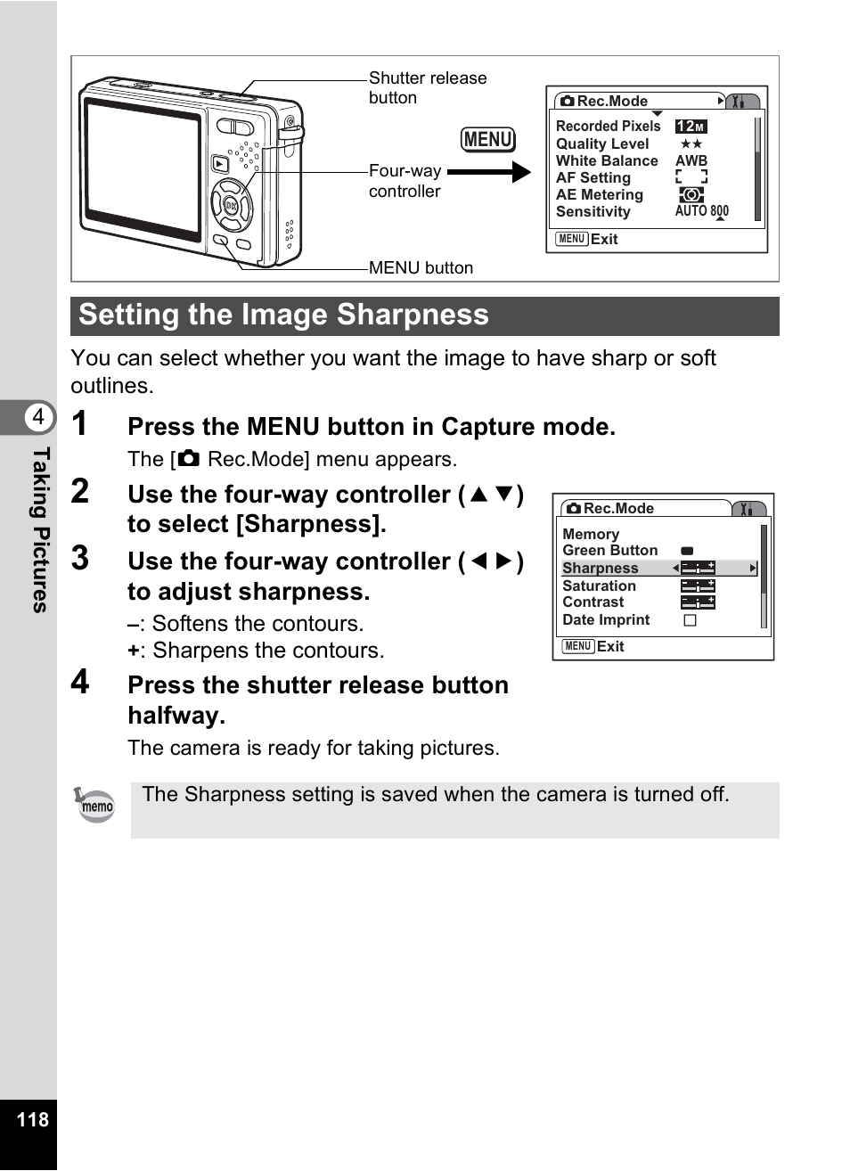 Setting the image sharpness, P.118, Press the menu button in capture mode | Press the shutter release button halfway | Pentax Optio S12 User Manual | Page 120 / 216