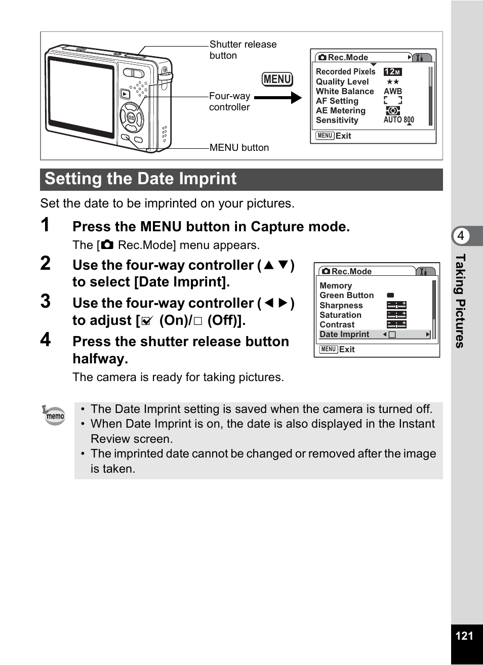Setting the date imprint, P.121, Press the menu button in capture mode | Press the shutter release button halfway | Pentax Optio S12 User Manual | Page 123 / 216