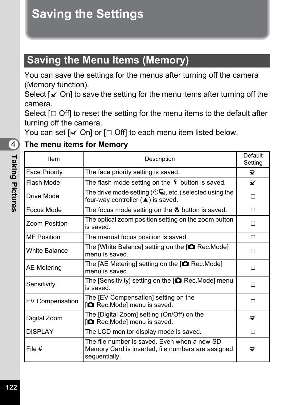 Saving the settings, Saving the menu items (memory), P.122 | Pentax Optio S12 User Manual | Page 124 / 216
