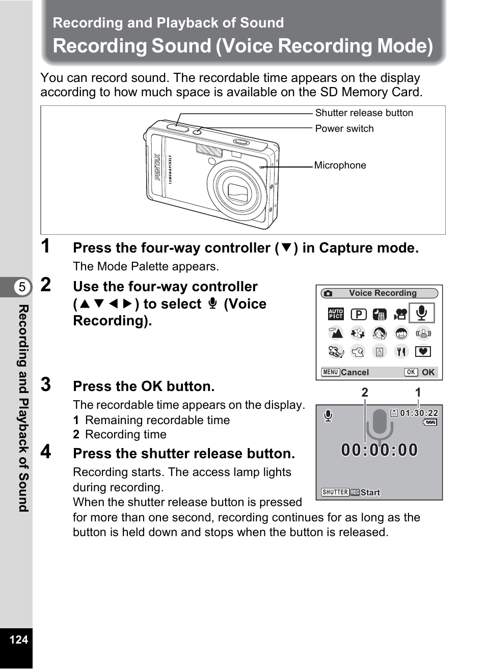 Recording and playback of sound, Recording sound (voice recording mode), P.124 | Pentax Optio S12 User Manual | Page 126 / 216