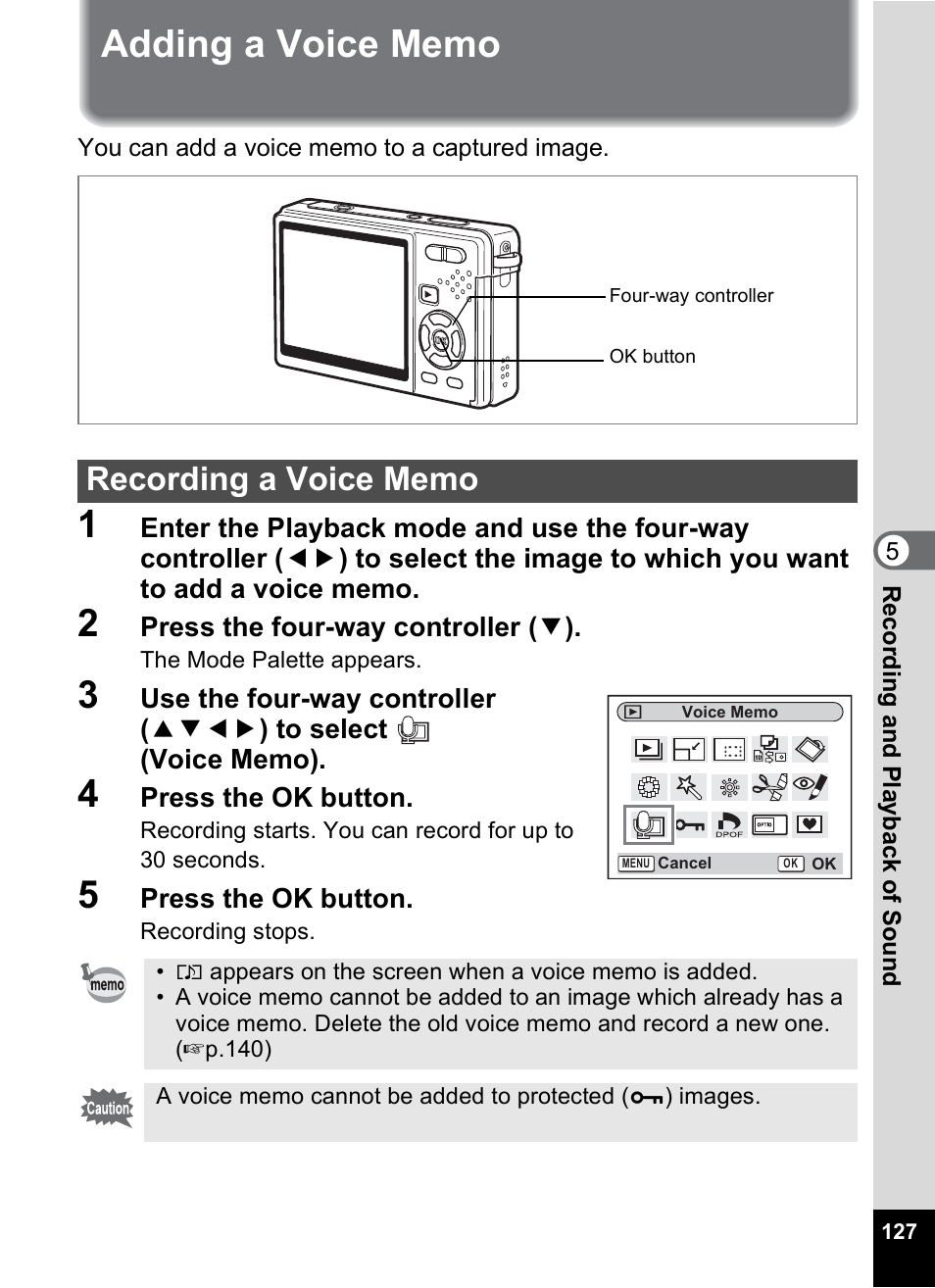Adding a voice memo, Recording a voice memo, P.127 | Pentax Optio S12 User Manual | Page 129 / 216