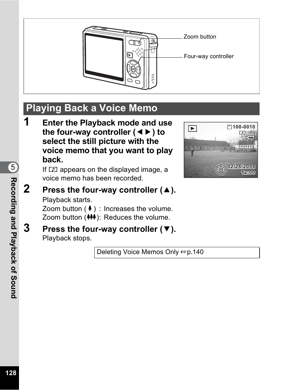 Playing back a voice memo | Pentax Optio S12 User Manual | Page 130 / 216