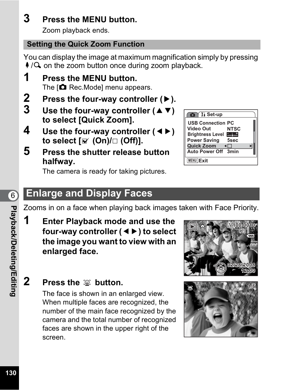 Enlarge and display faces, P.130 | Pentax Optio S12 User Manual | Page 132 / 216