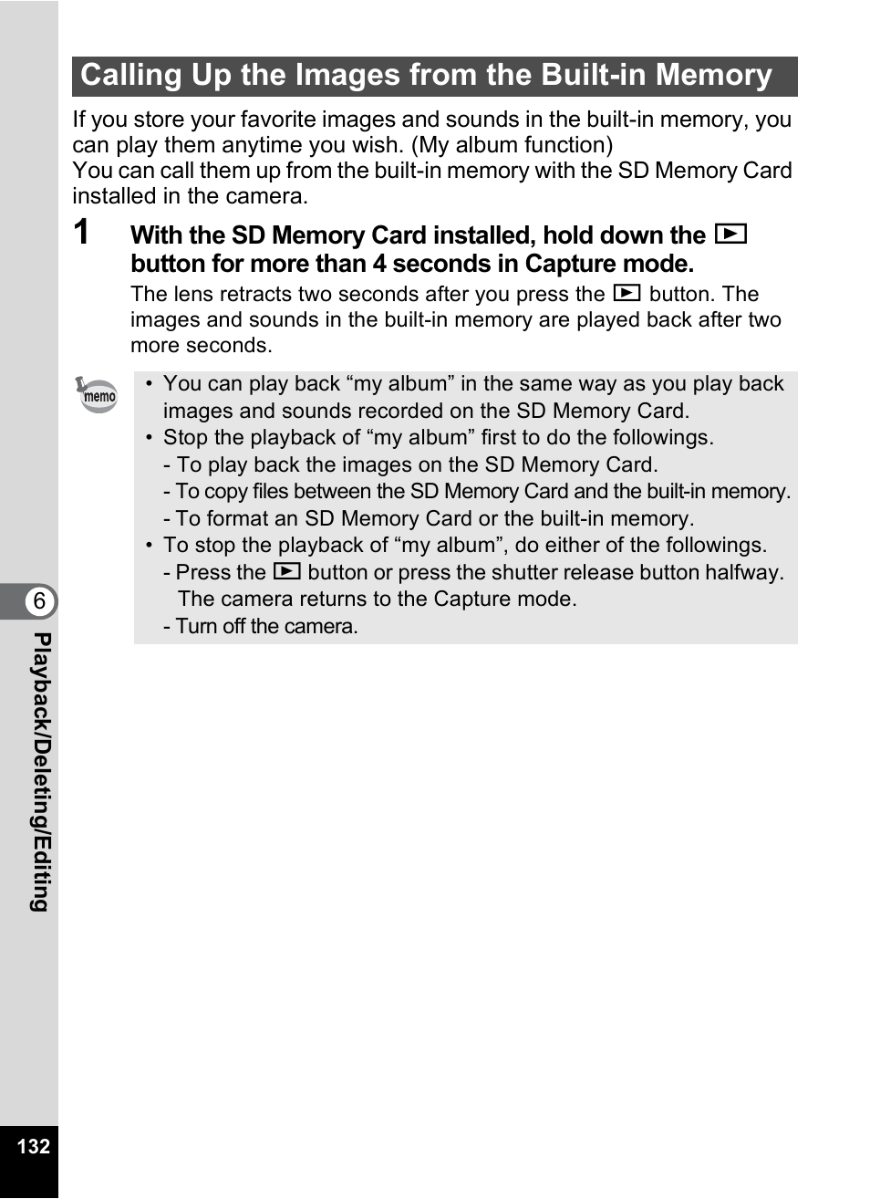 Calling up the images from the built-in memory | Pentax Optio S12 User Manual | Page 134 / 216