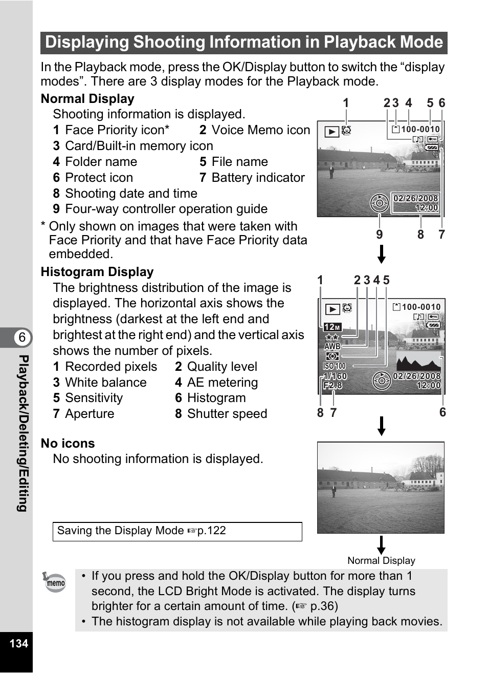 Displaying shooting information in playback mode, P.134) | Pentax Optio S12 User Manual | Page 136 / 216
