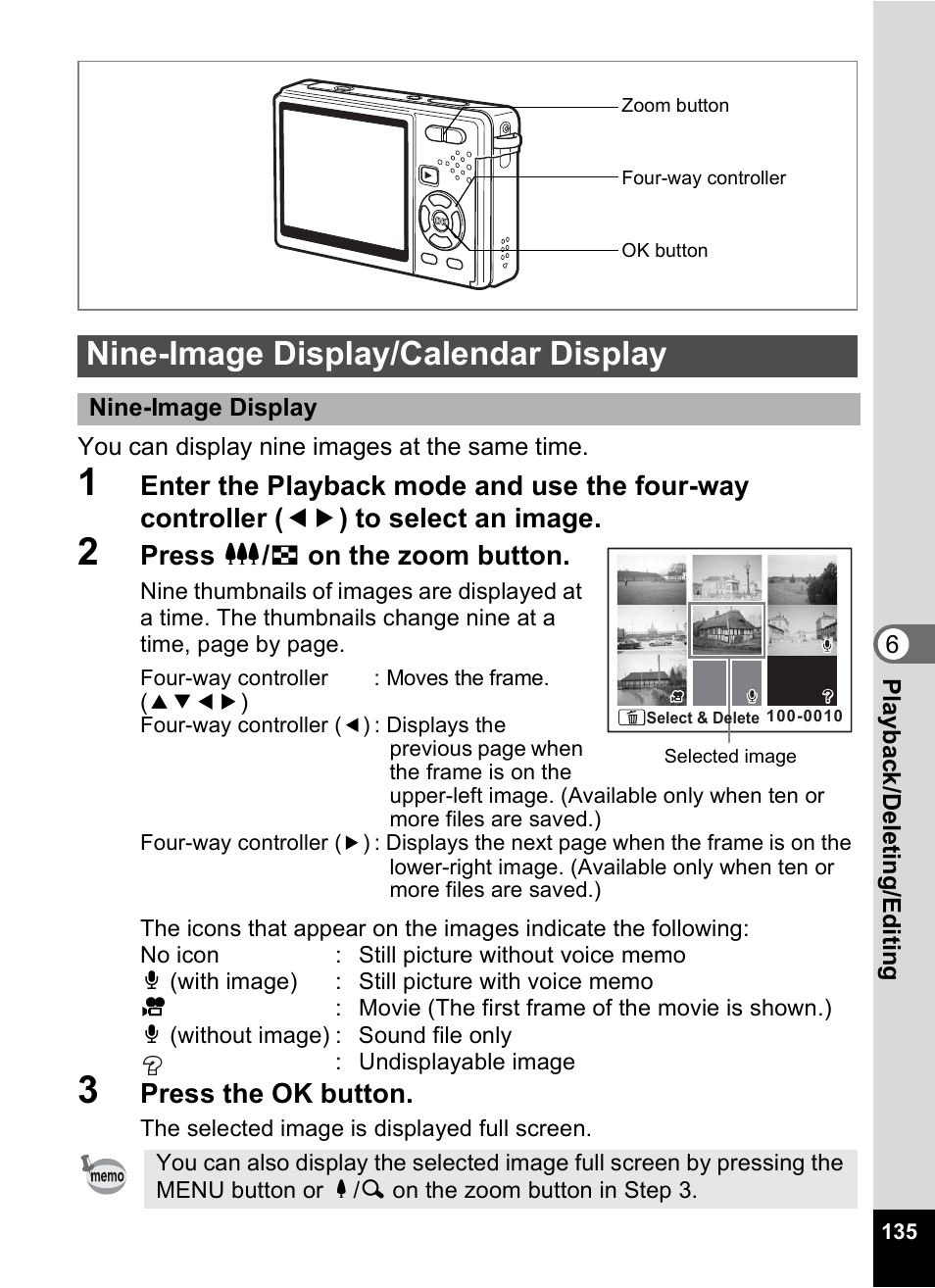 Nine-image display/calendar display, P.135), 1p.135) | Press w / f on the zoom button, Press the ok button | Pentax Optio S12 User Manual | Page 137 / 216