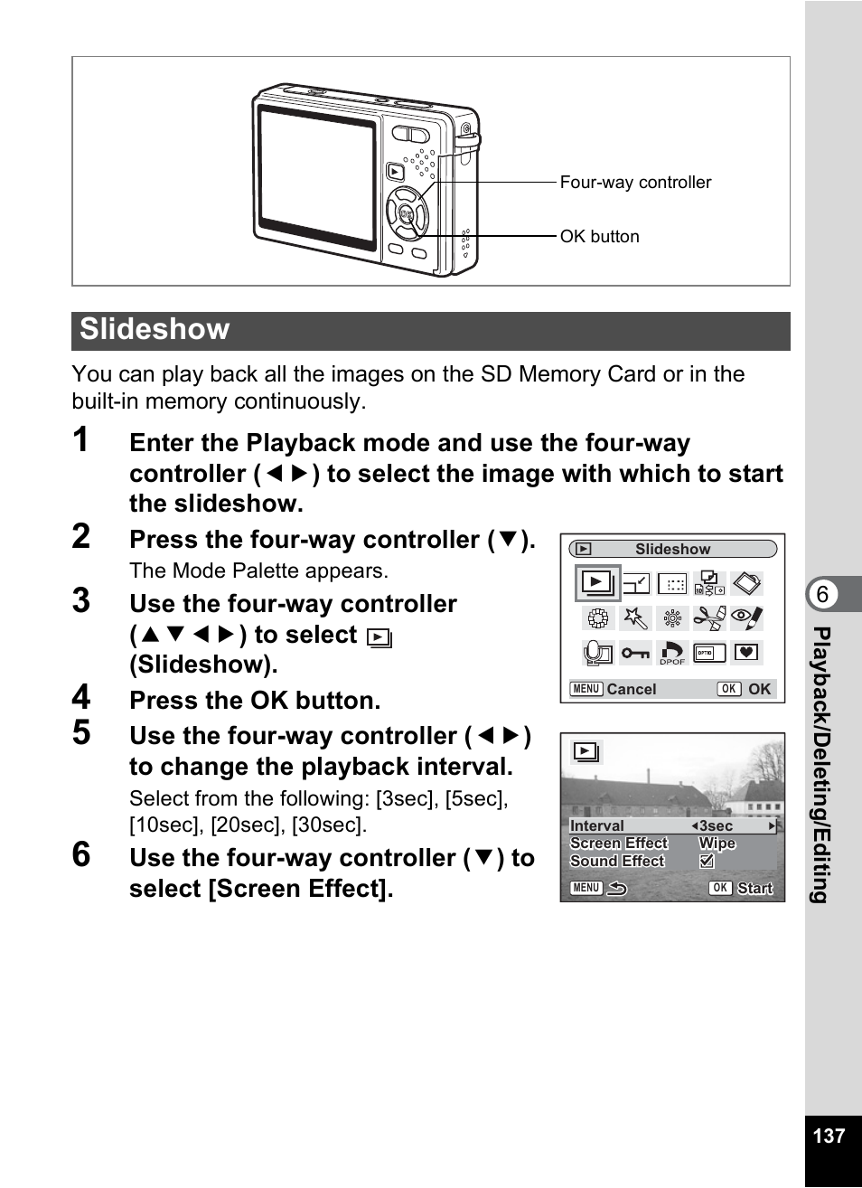 Slideshow, P.137), P.137 | Press the four-way controller ( 3 ), Press the ok button | Pentax Optio S12 User Manual | Page 139 / 216