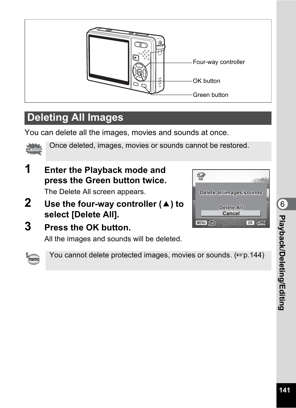 Deleting all images, Press the ok button | Pentax Optio S12 User Manual | Page 143 / 216
