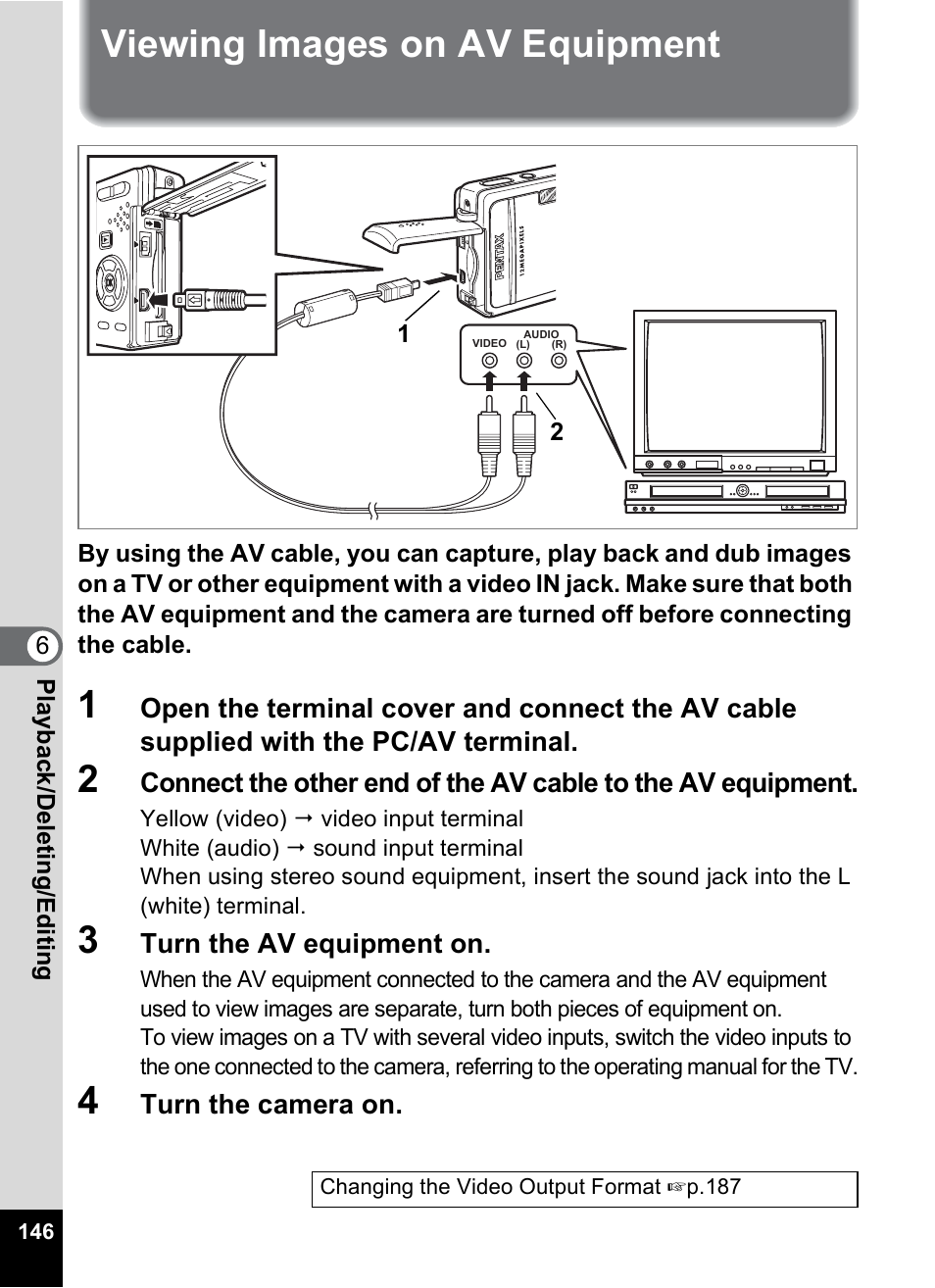 Viewing images on av equipment | Pentax Optio S12 User Manual | Page 148 / 216