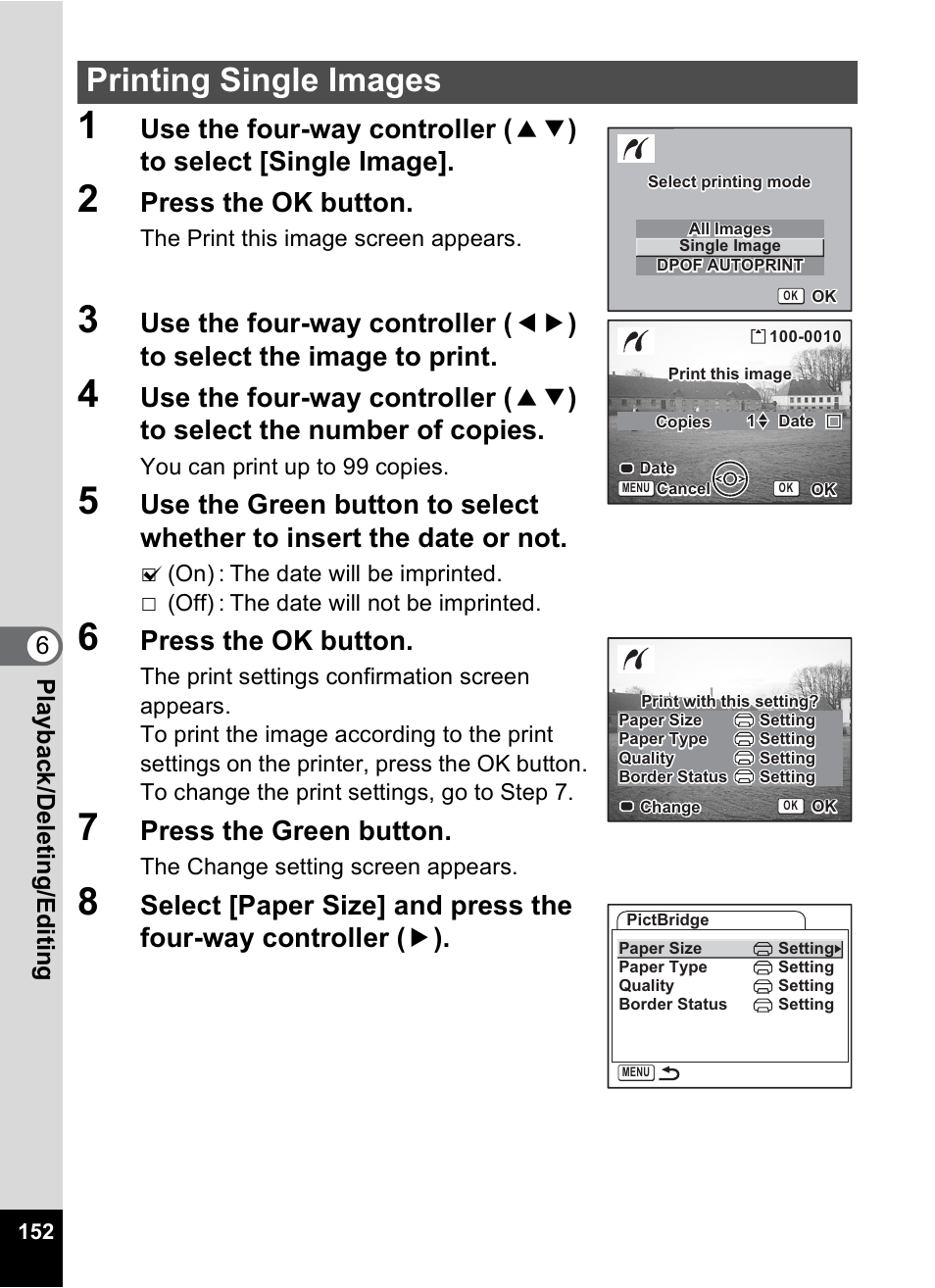 Printing single images, Press the ok button, Press the green button | 6play bac k /d el eting /editi n g | Pentax Optio S12 User Manual | Page 154 / 216