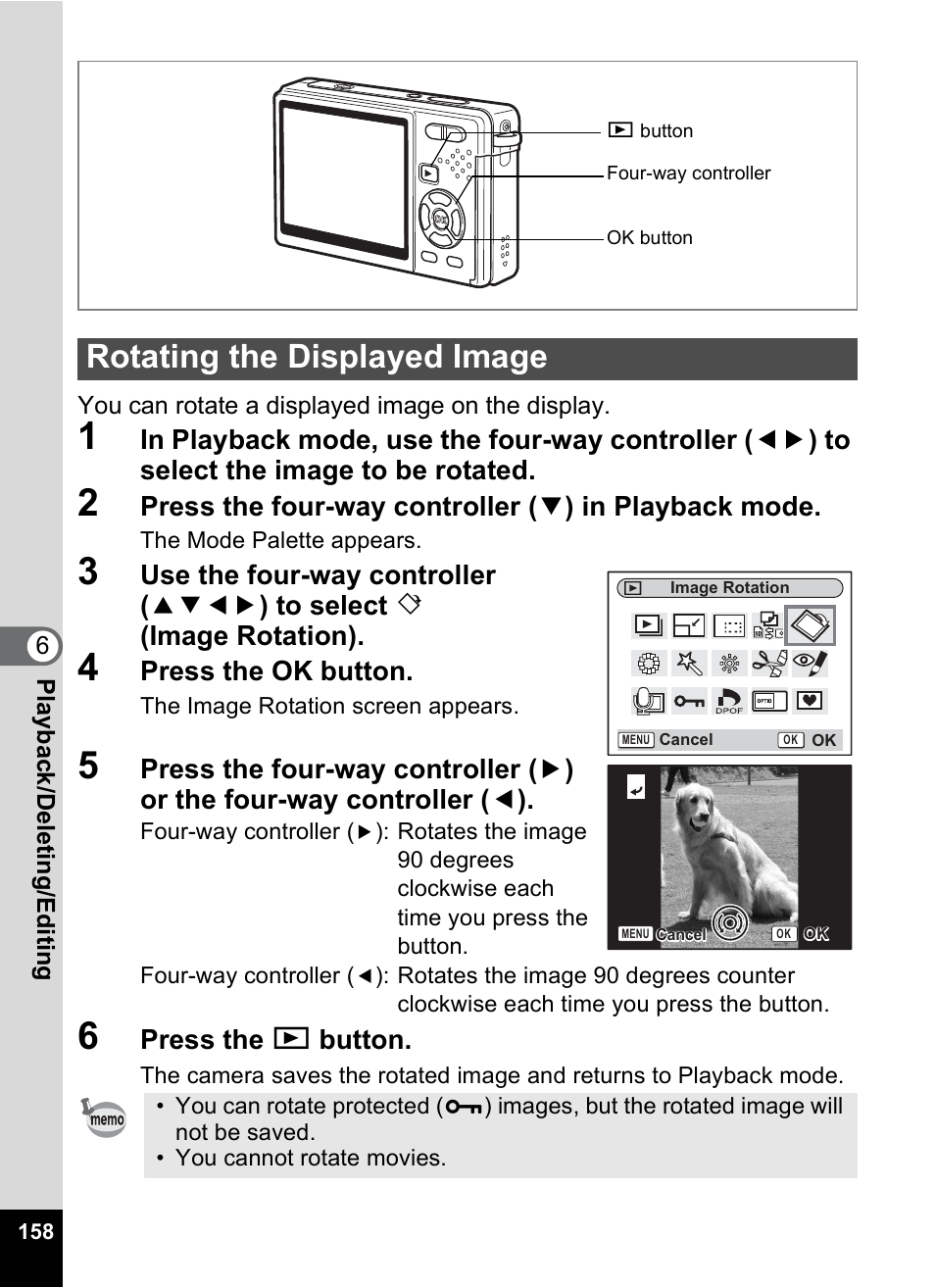 Rotating the displayed image, P.158), P.158 | Pentax Optio S12 User Manual | Page 160 / 216