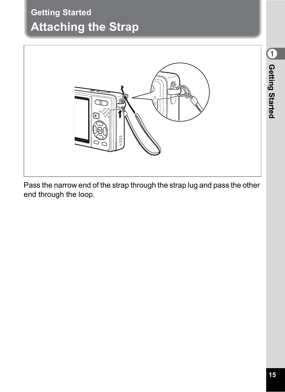 Getting started, Attaching the strap, P.15) | Pentax Optio S12 User Manual | Page 17 / 216