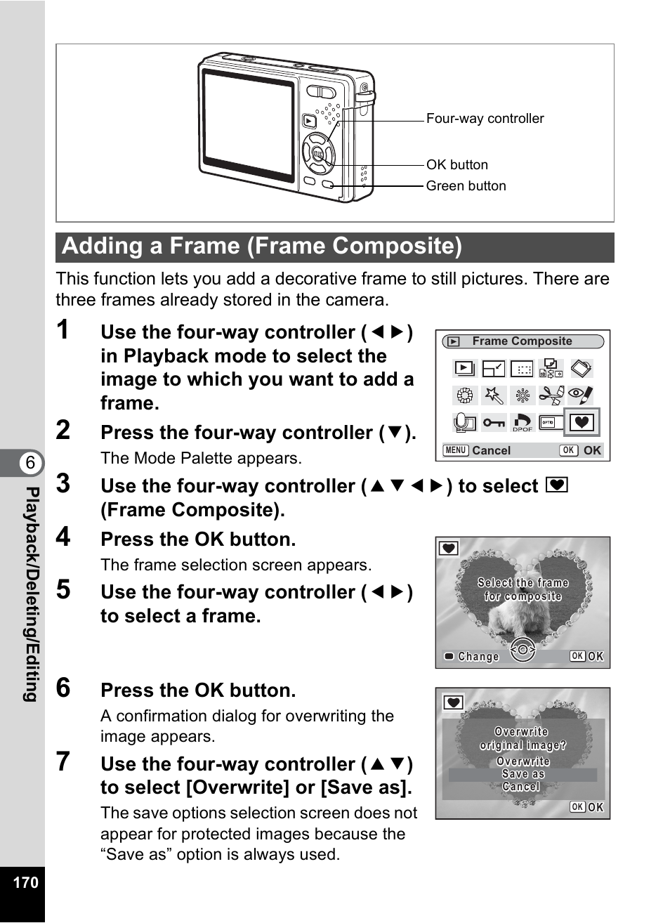 Adding a frame (frame composite), P.170, Press the four-way controller ( 3 ) | Press the ok button | Pentax Optio S12 User Manual | Page 172 / 216