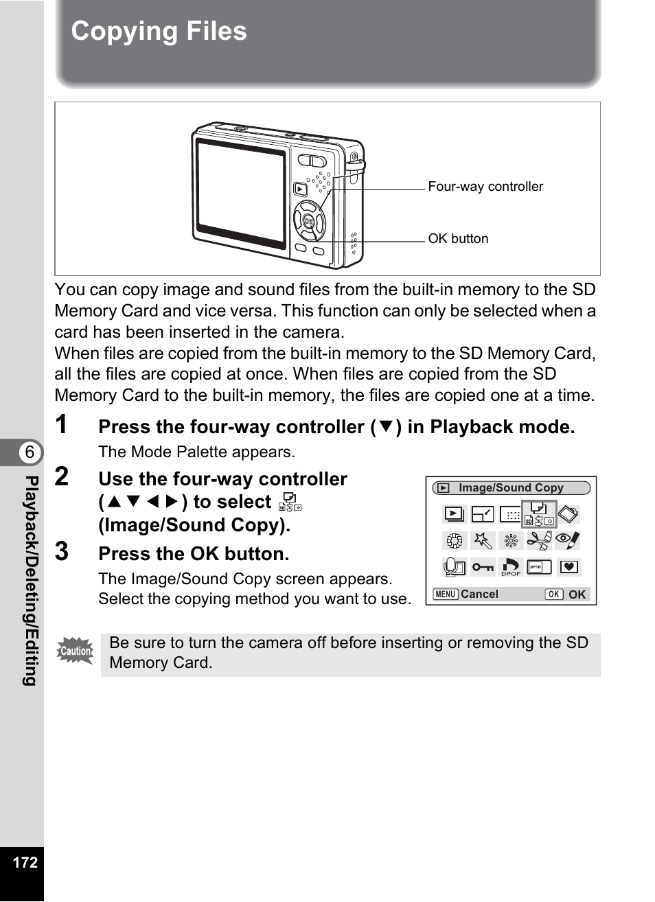 Copying files, P.172 | Pentax Optio S12 User Manual | Page 174 / 216