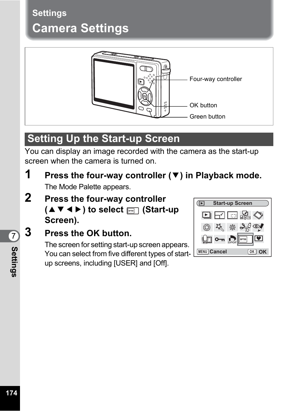 Settings, Camera settings, Setting up the start-up screen | P.174 | Pentax Optio S12 User Manual | Page 176 / 216