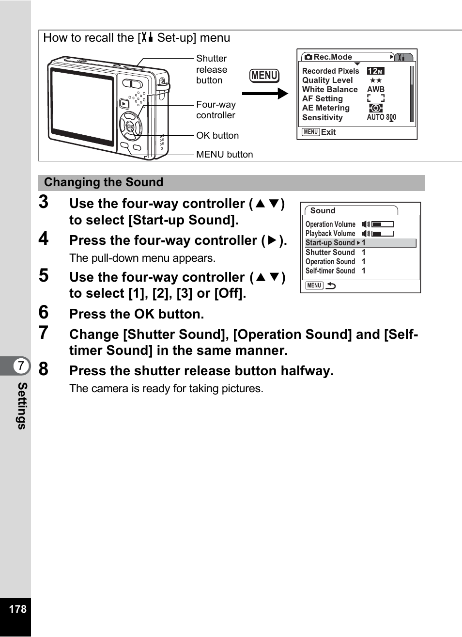 Press the four-way controller ( 5 ), Press the ok button, Press the shutter release button halfway | Pentax Optio S12 User Manual | Page 180 / 216