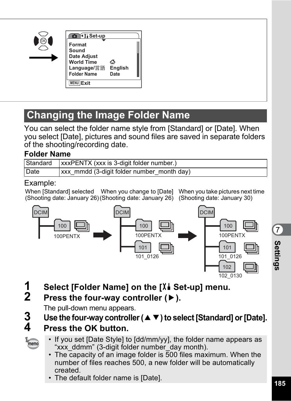 Changing the image folder name, P.185, Select [folder name] on the [ h set-up] menu | Press the four-way controller ( 5 ), Press the ok button | Pentax Optio S12 User Manual | Page 187 / 216