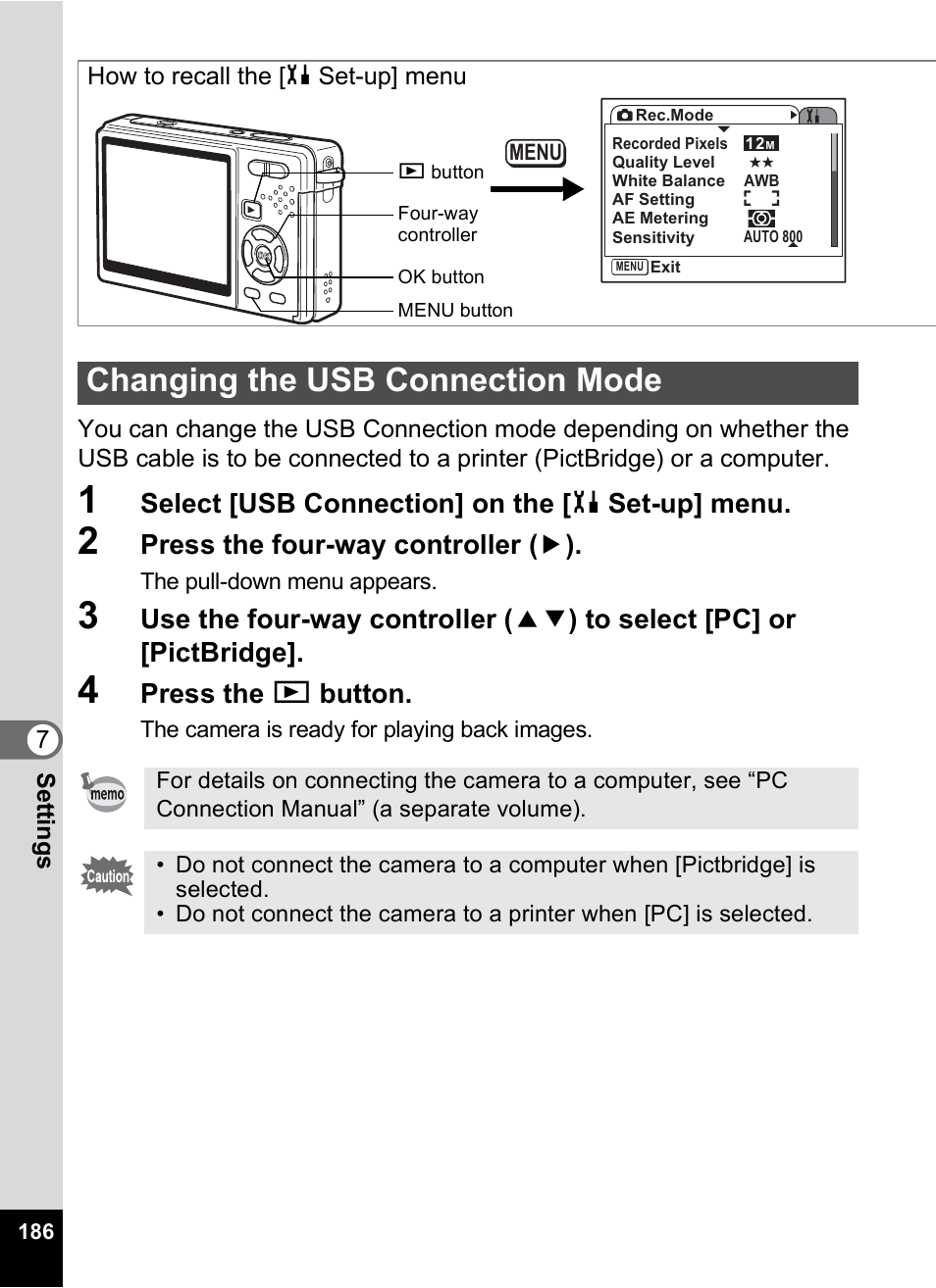 Changing the usb connection mode, P.186, Select [usb connection] on the [ h set-up] menu | Press the four-way controller ( 5 ), Press the q button | Pentax Optio S12 User Manual | Page 188 / 216