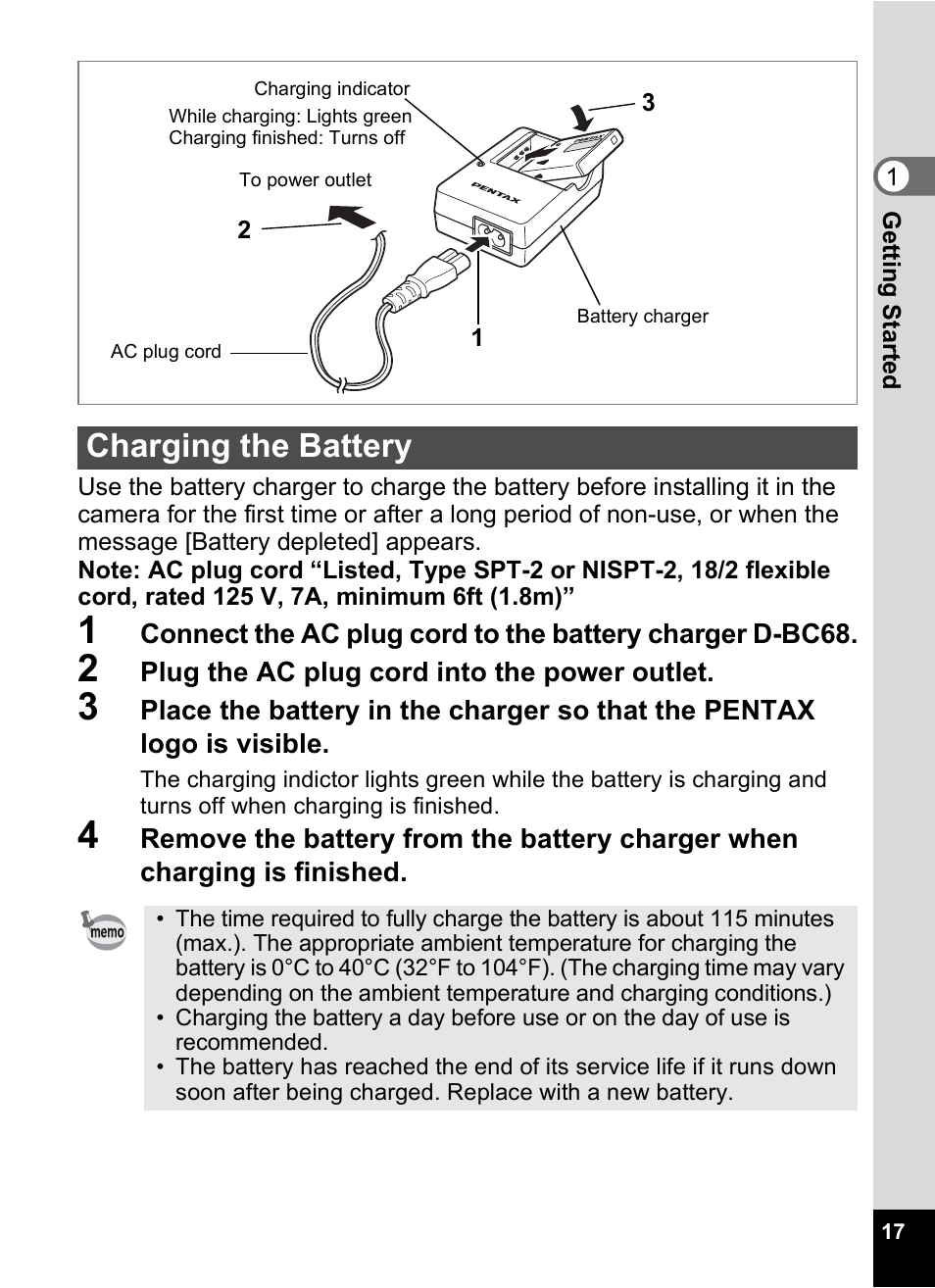 Charging the battery, Ge (p.17) | Pentax Optio S12 User Manual | Page 19 / 216