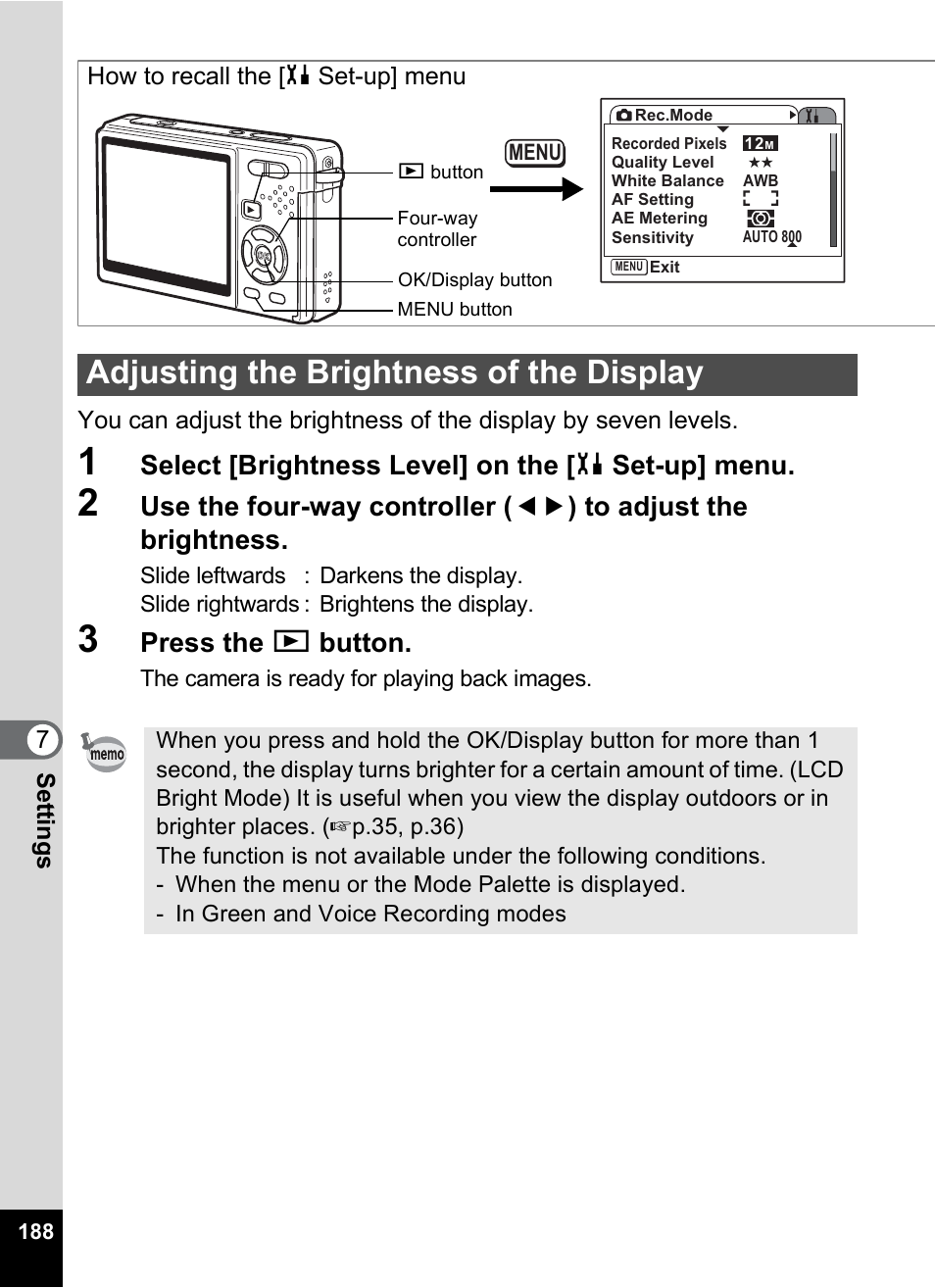 Adjusting the brightness of the display, P.188, Select [brightness level] on the [ h set-up] menu | Press the q button | Pentax Optio S12 User Manual | Page 190 / 216
