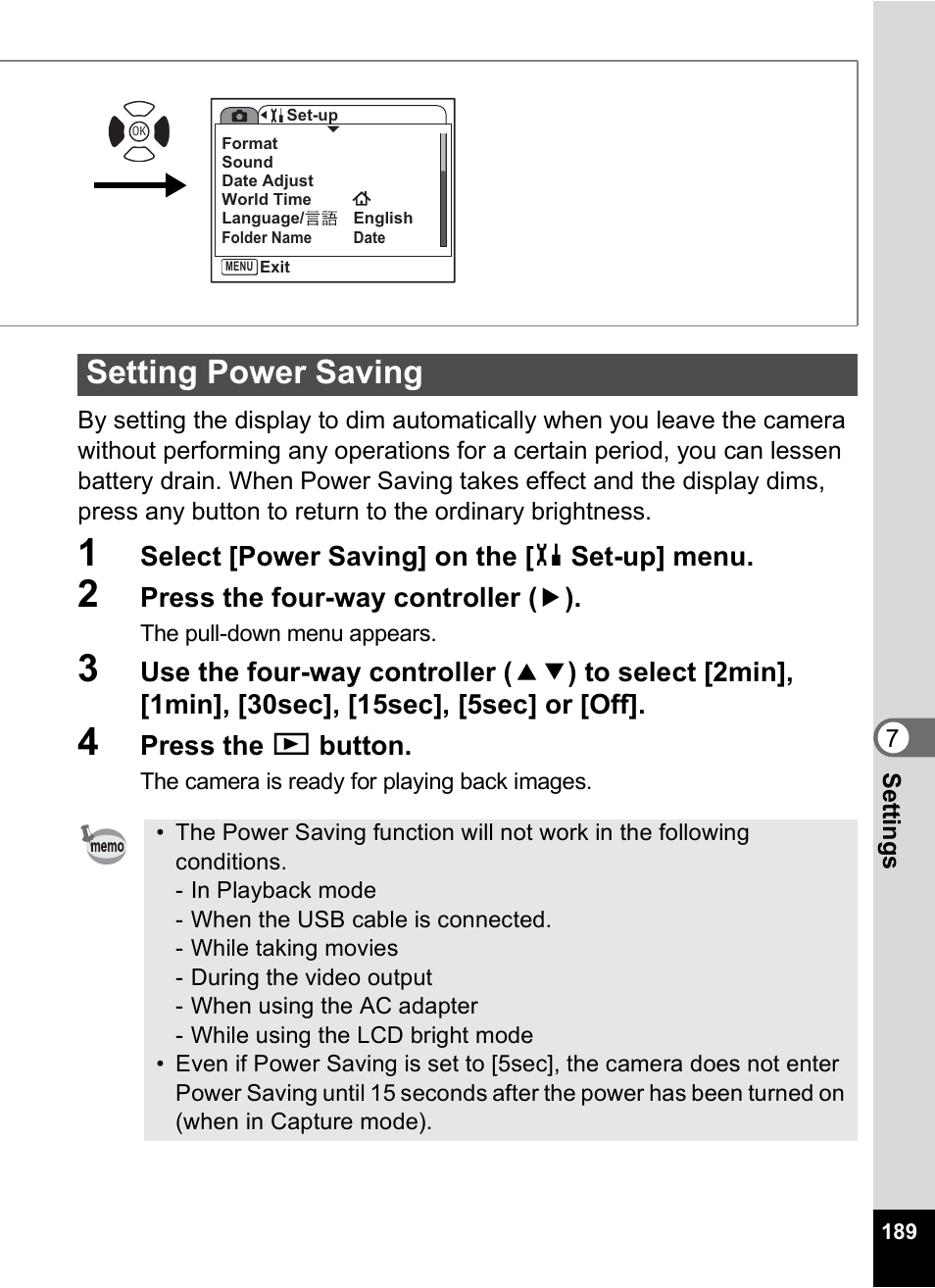 Setting power saving, P.189 | Pentax Optio S12 User Manual | Page 191 / 216