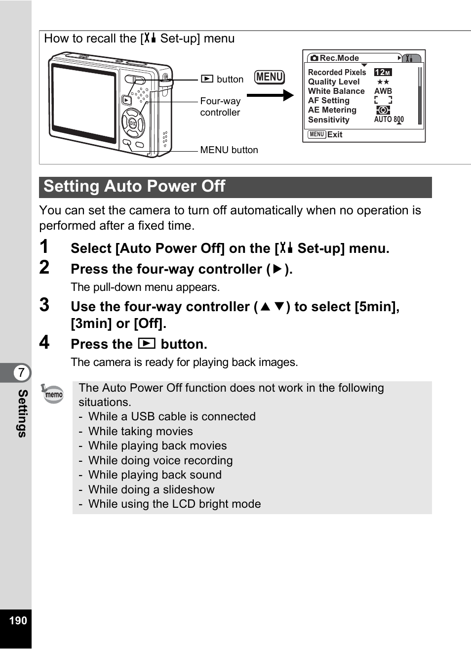 Setting auto power off, P.190, Select [auto power off] on the [ h set-up] menu | Press the four-way controller ( 5 ), Press the q button | Pentax Optio S12 User Manual | Page 192 / 216
